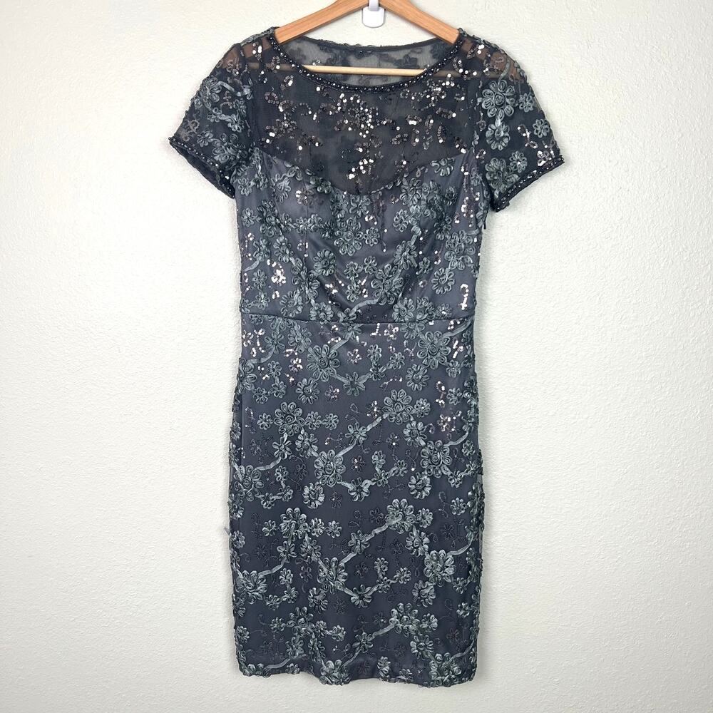 Sue Wong Nocturne Size 8 Short Sleeve Sheath Silver Sequin Cocktail Dress - Picture 2 of 13